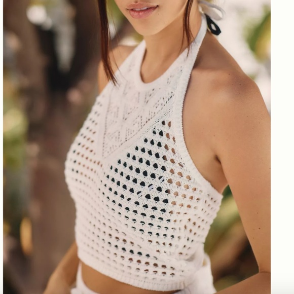 Waffle Knit Crochet Beach Hipster Hippie Artsy Glam Chic Festival Halter Blouse - Picture 3 of 5